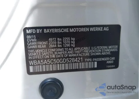 2016 BMW 528I из США, поврежденный, VIN WBA5A5C50GD528421